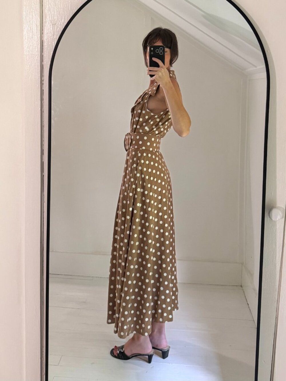 All That Jazz Vintage 90s Polka Dot Belted Buttoned Midi Dress Size 9/10 Brown - Picture 3 of 9